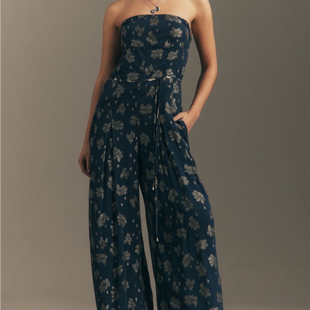 New Anthropolgie NWT navy gold shine dressy Strapless Jumpsuit-wide leg 8
198.00
